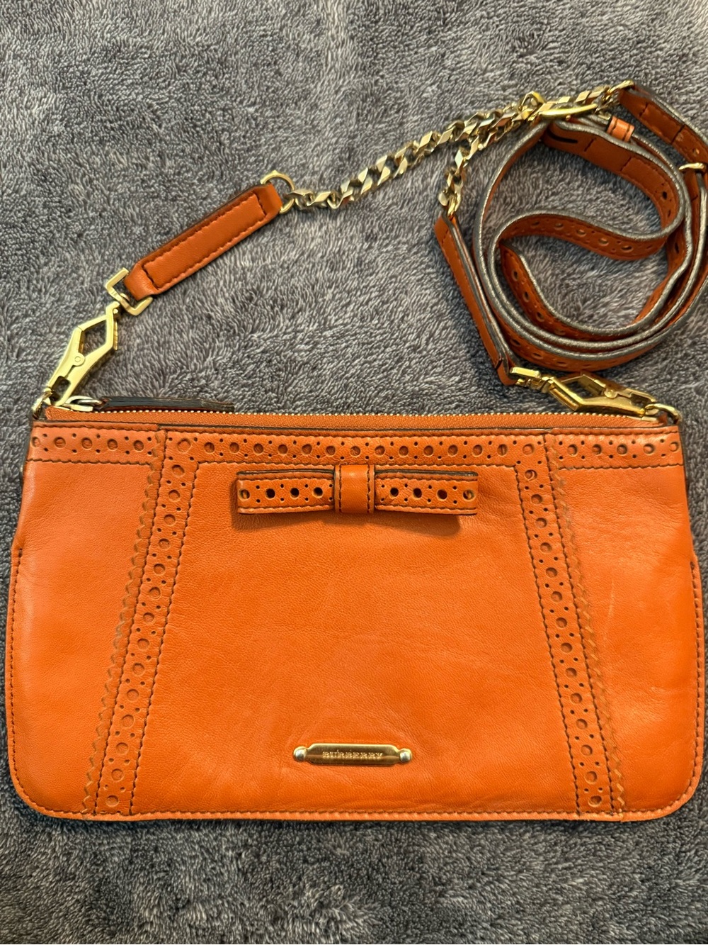 Burberry Orange Leather Crossbody with Bow and Gold Chain Strap